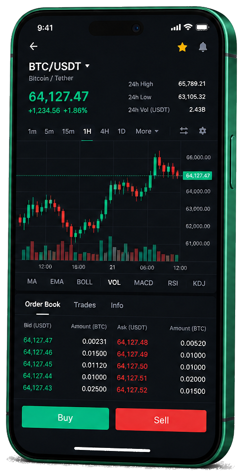 Iron Fundalis mobile trading platform — live BTC/USDT chart, order book and buy/sell interface